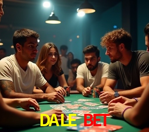 Escena dinámica inspirada en casino con iluminación DALE BET, cartas, fichas e íconos de juegos digitales en un espacio moderno de juegos.
