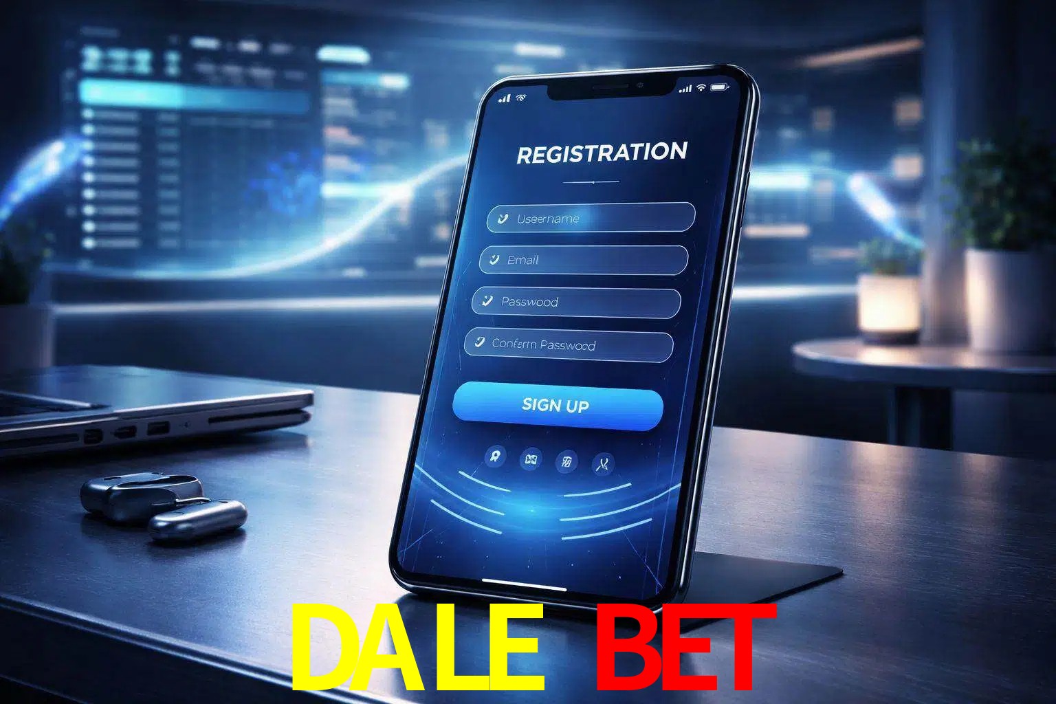 Una interfaz moderna de registro móvil para DALE BET mostrada en un smartphone con un panel de apuestas elegante.